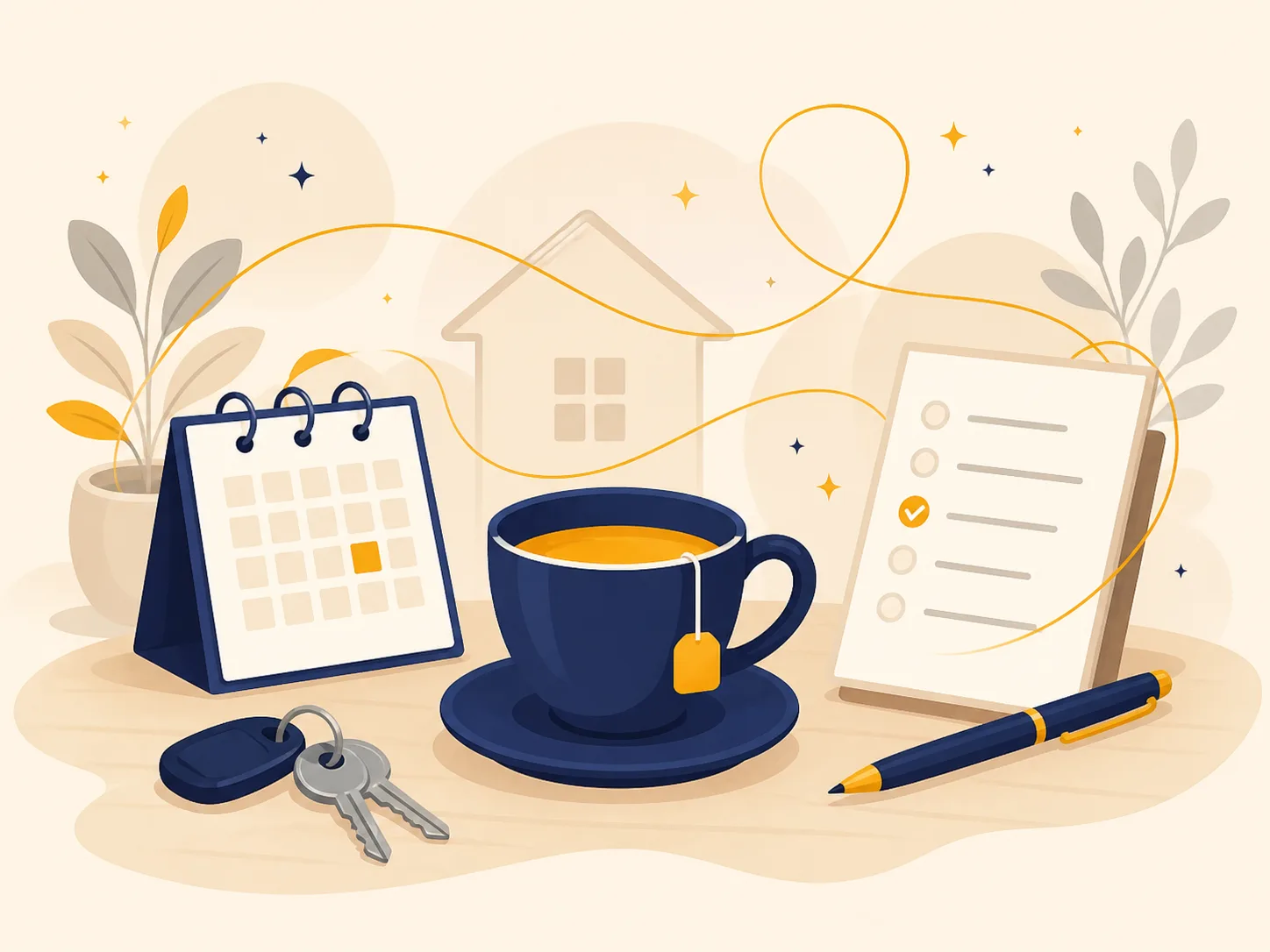 Illustration mit Kalender, Tee, Schlüssel und Checkliste